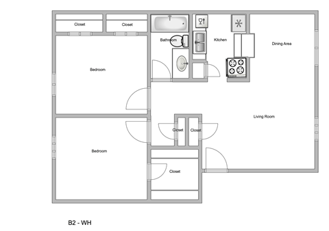 Floor plan for 2 beds, 1 bath, 960 sqft
